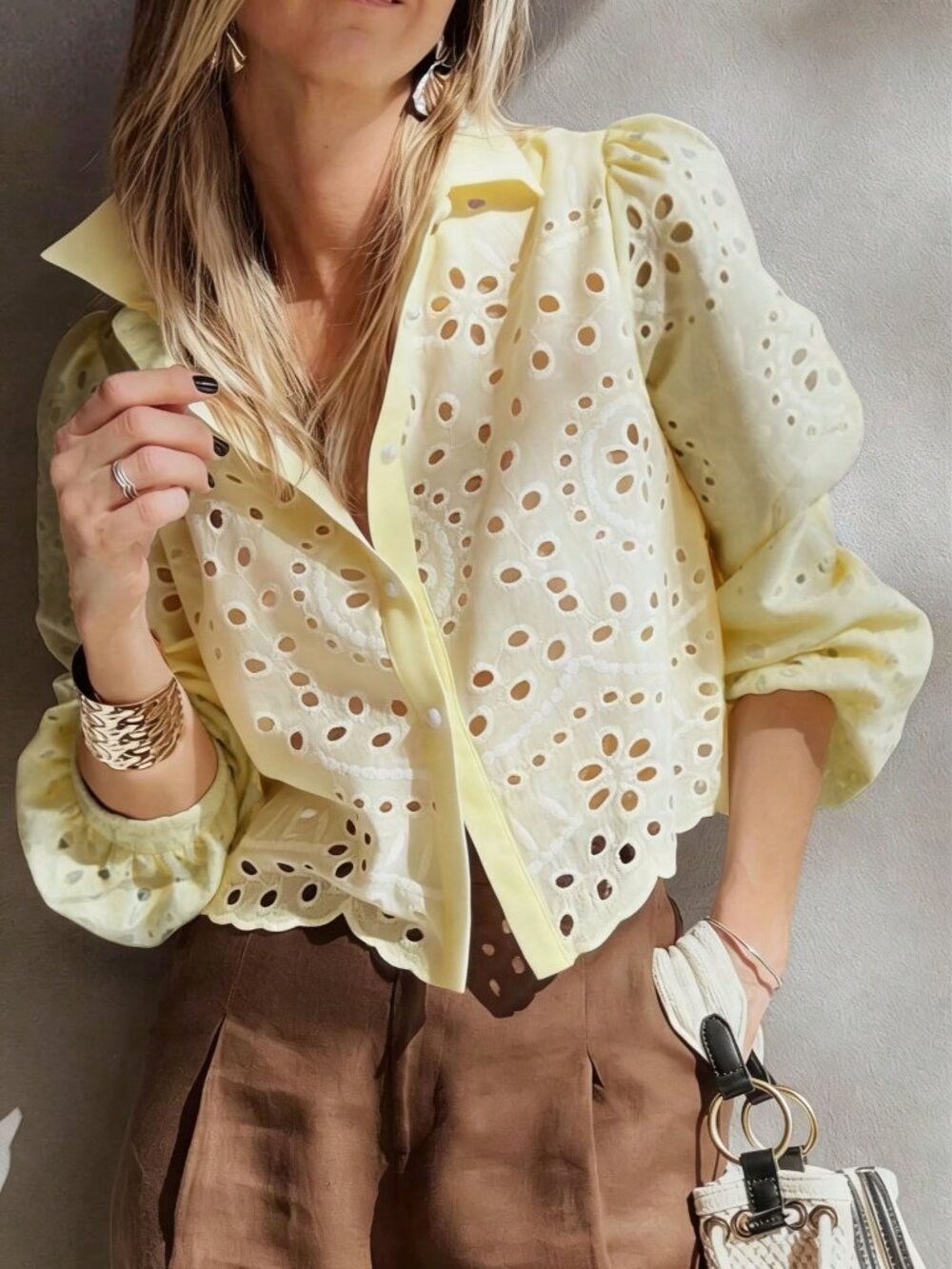 Yellow Boho Embroidered Hollow-Out button Long Sleeve Women's Blouse